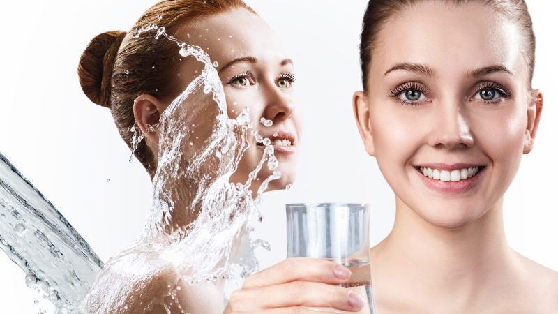 Collage of beautiful women in splashes of water. Cleansing and moisturizing concept.